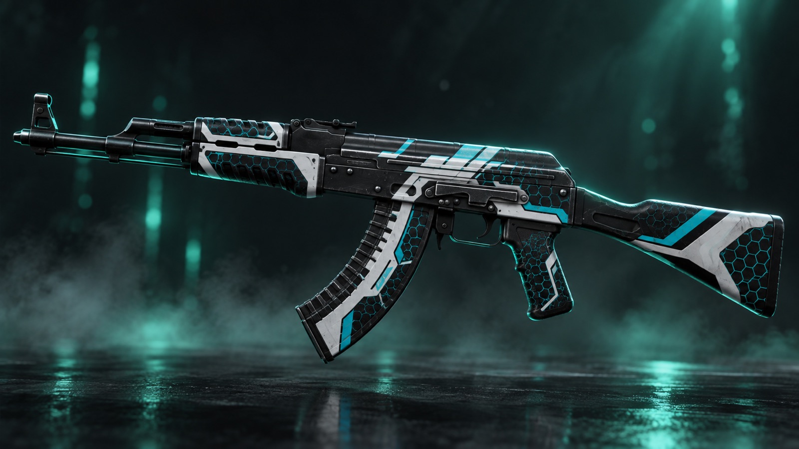 AK-47 Вулкан: тёмный корпус с голубыми и белыми линиями и сеткой из шестиугольников
