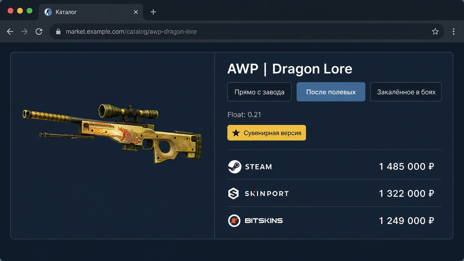 Схема: обычный Dragon Lore из коллекции и сувенирный вариант с наклейками турнира
