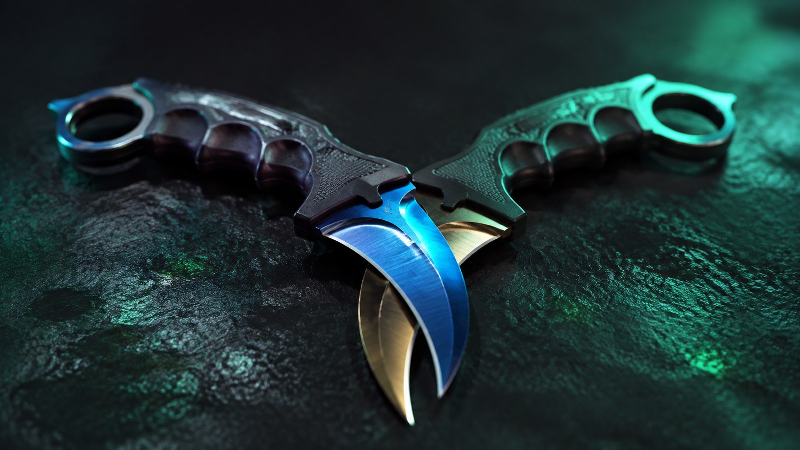 Лицевая сторона клинка Karambit Case Hardened с сидом 387: почти полностью синяя плоскость