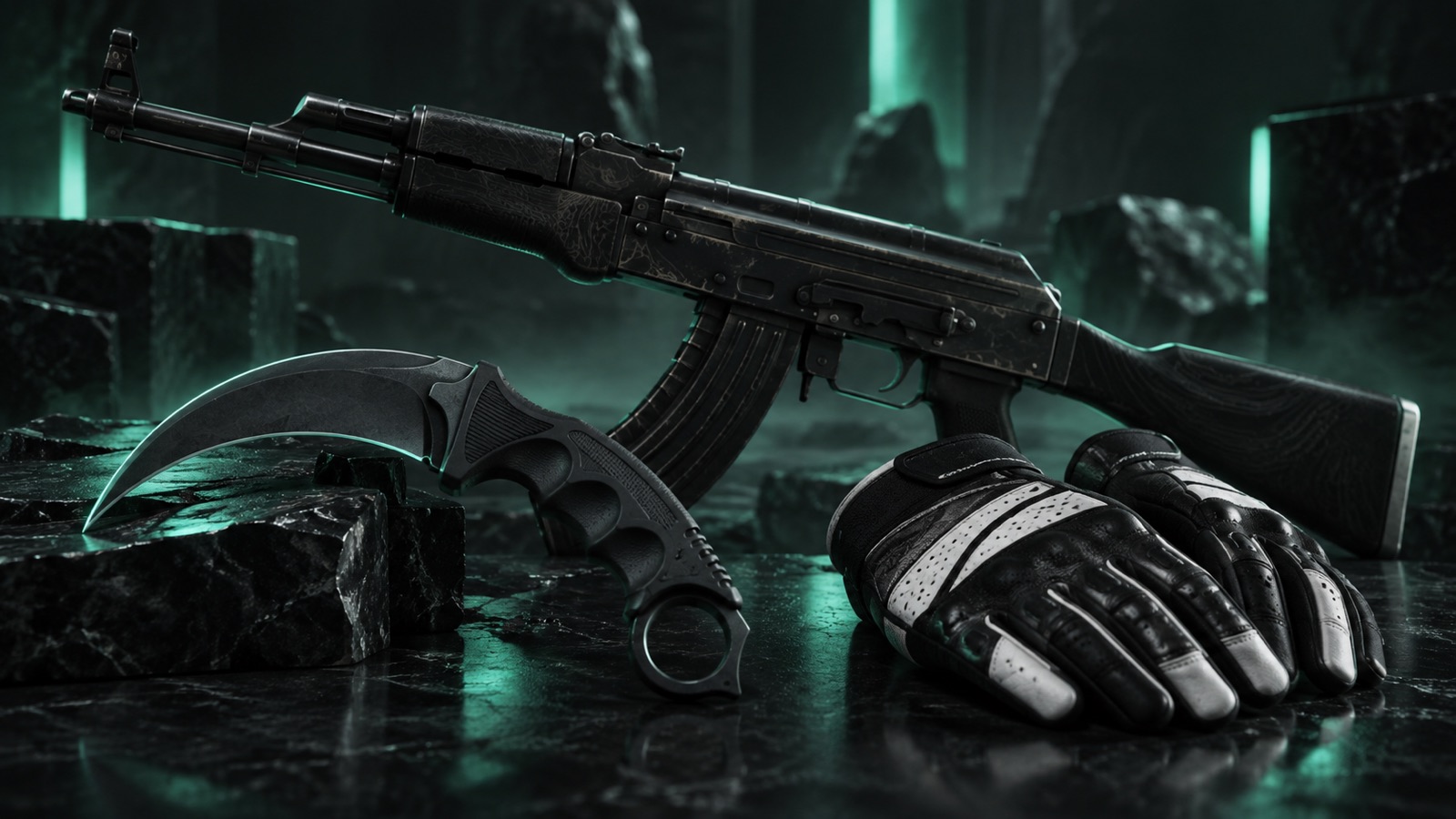 Чёрный сет CS2: AK-47, нож Керамбит в отделке Ночь и перчатки Чёрный галстук