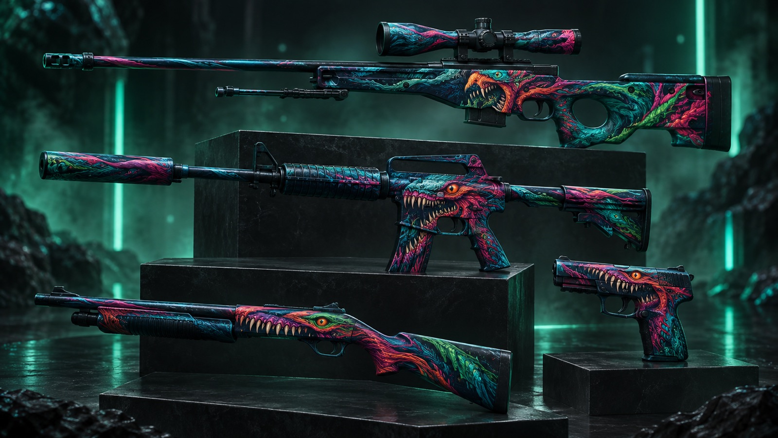 Четыре скина линейки Hyper Beast в CS2: AWP, M4A1-S, Five-SeveN и Nova