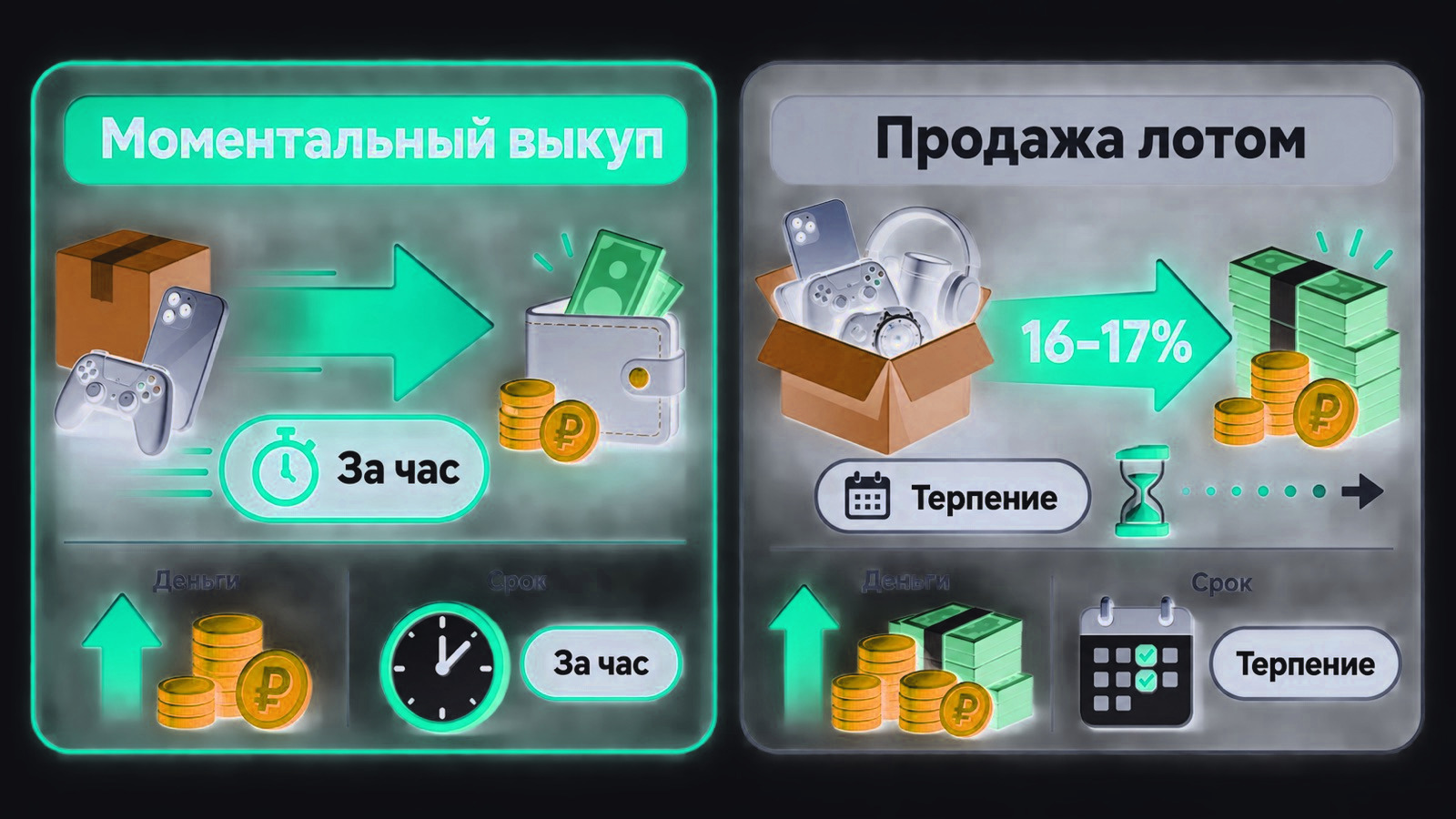 Сравнение моментального выкупа и продажи лотом: сумма на руки и срок ожидания