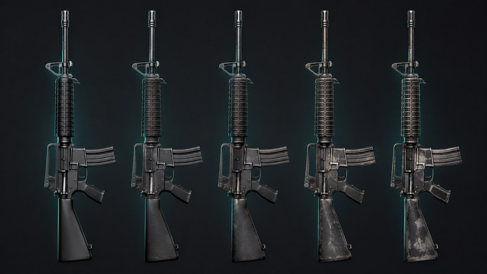 Сравнение одного скина CS2 в пяти степенях износа от Factory New до Battle-Scarred