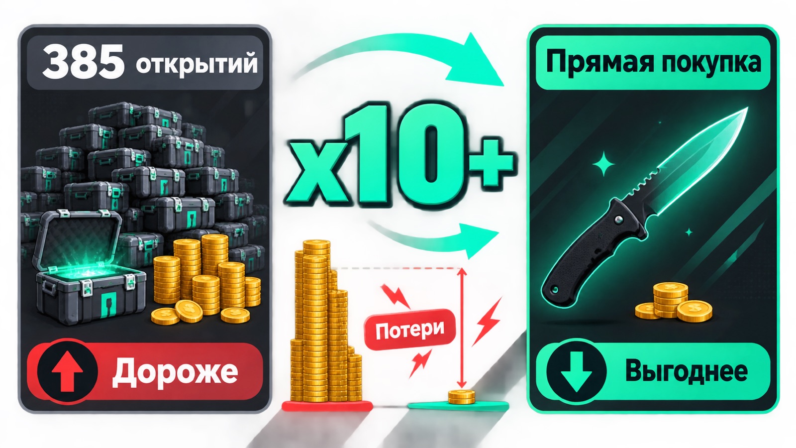 Сравнение стоимости серии из 385 открытий кейса «Разлом» и прямой покупки ножа на площадке