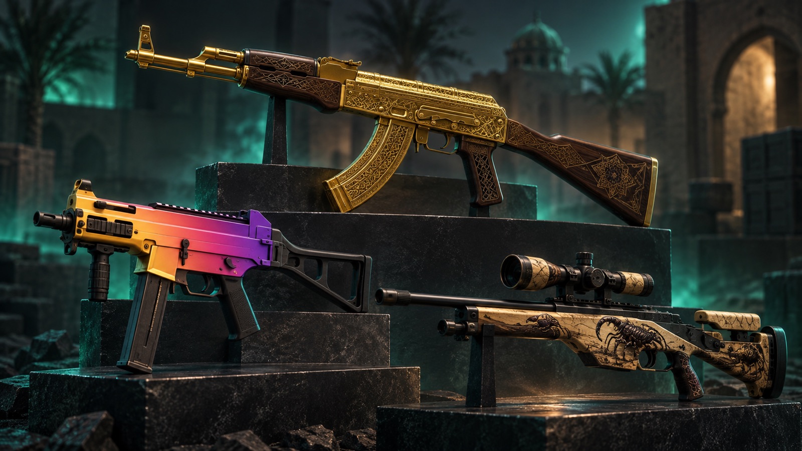 Скины коллекции Dust 2 2021: AK-47 Золотая арабеска, UMP-45 Градиент и SSG 08 Жало смерти