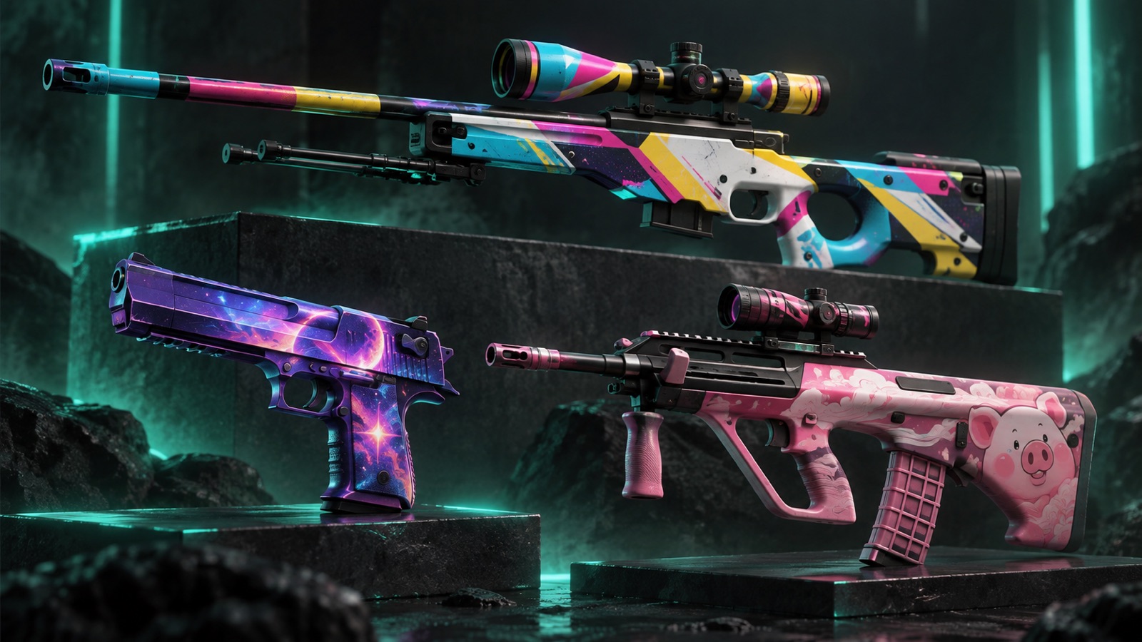 Скины коллекции Графический дизайн CS2: AWP CMYK, Desert Eagle Звёздная аркада, AUG Хрюшка