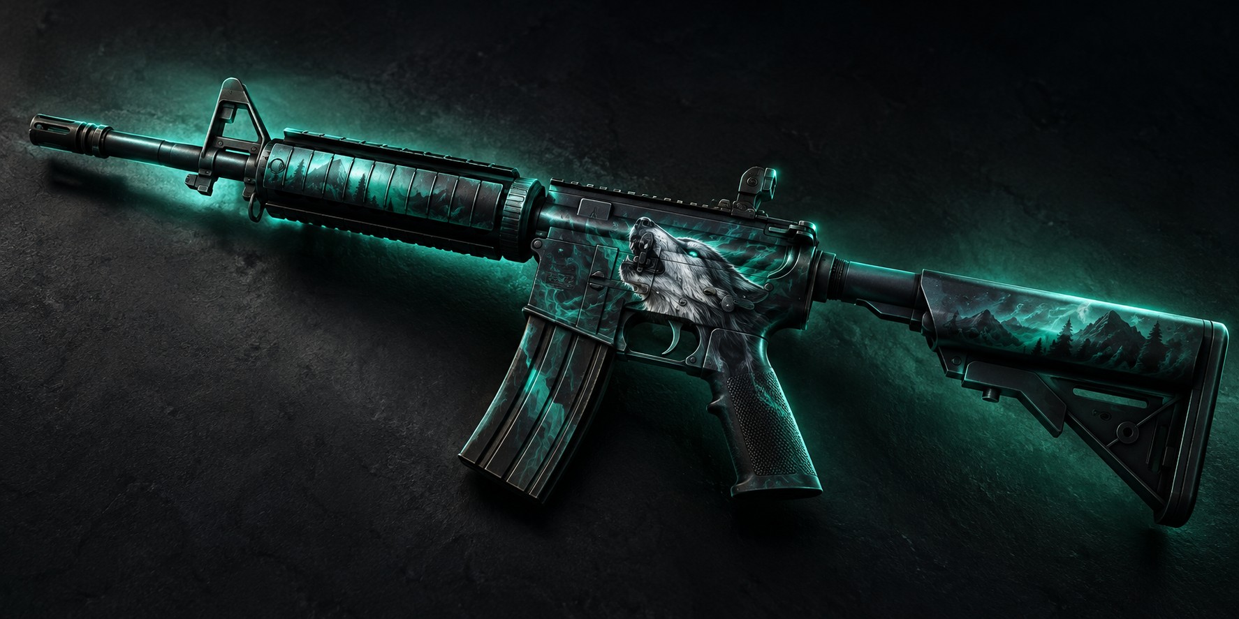Штурмовая винтовка M4A4 с рисунком воющего волка на корпусе под студийным светом