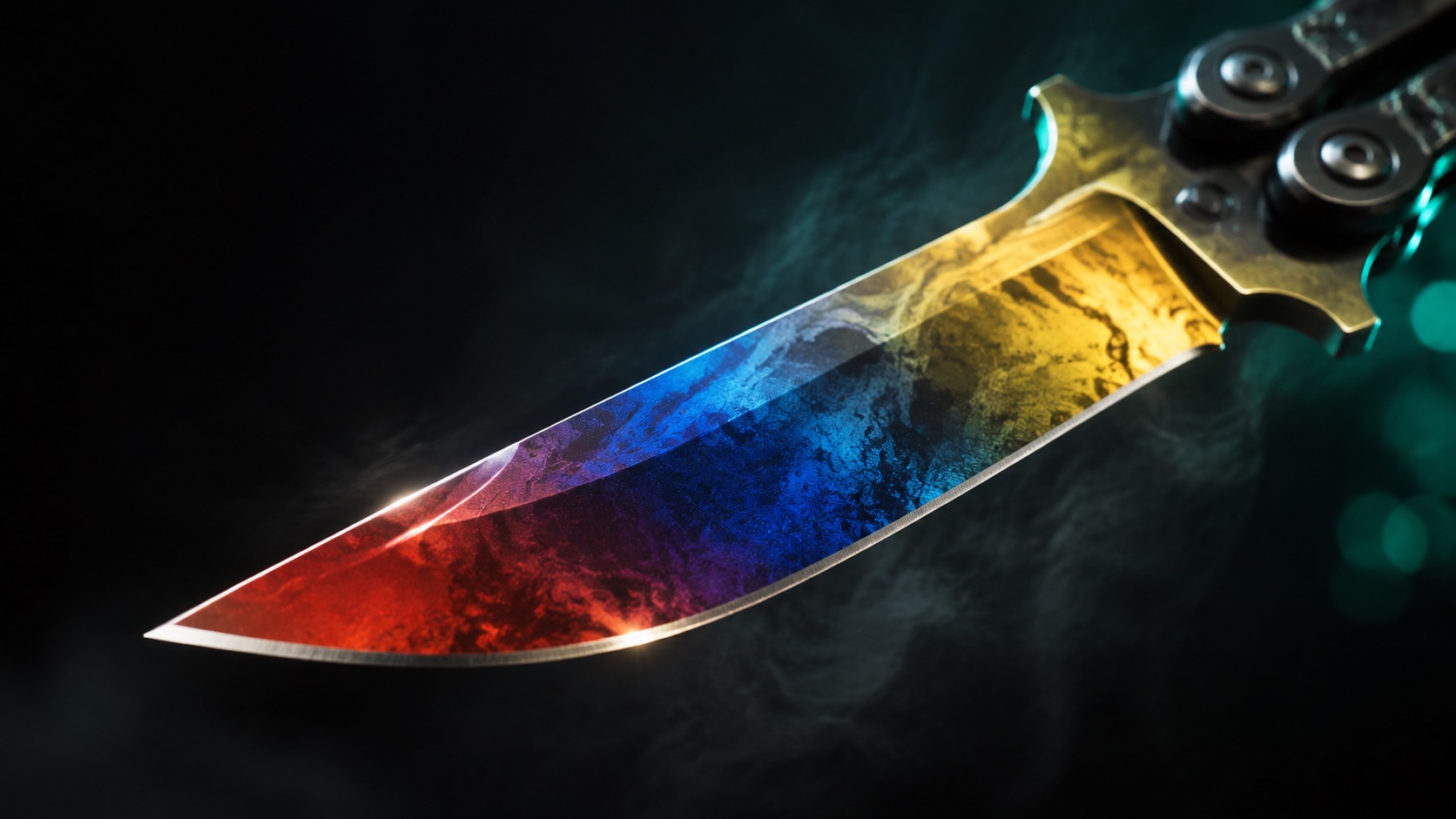 Клинок ножа-бабочки Marble Fade: красная, синяя и жёлтая зоны на лицевой стороне