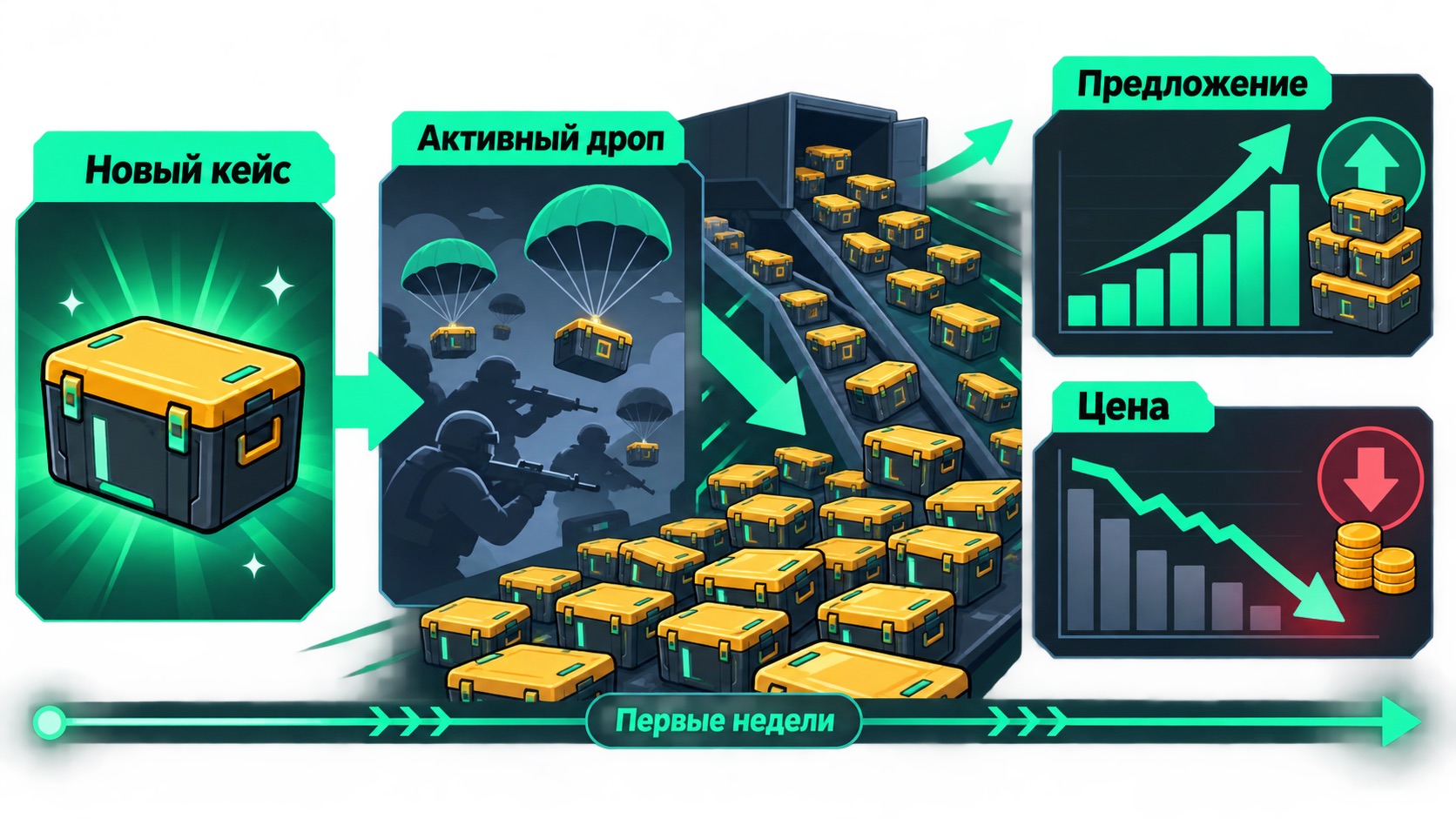 Схема: новый кейс CS2 попадает в активный дроп, предложение растёт, цена контейнера падает