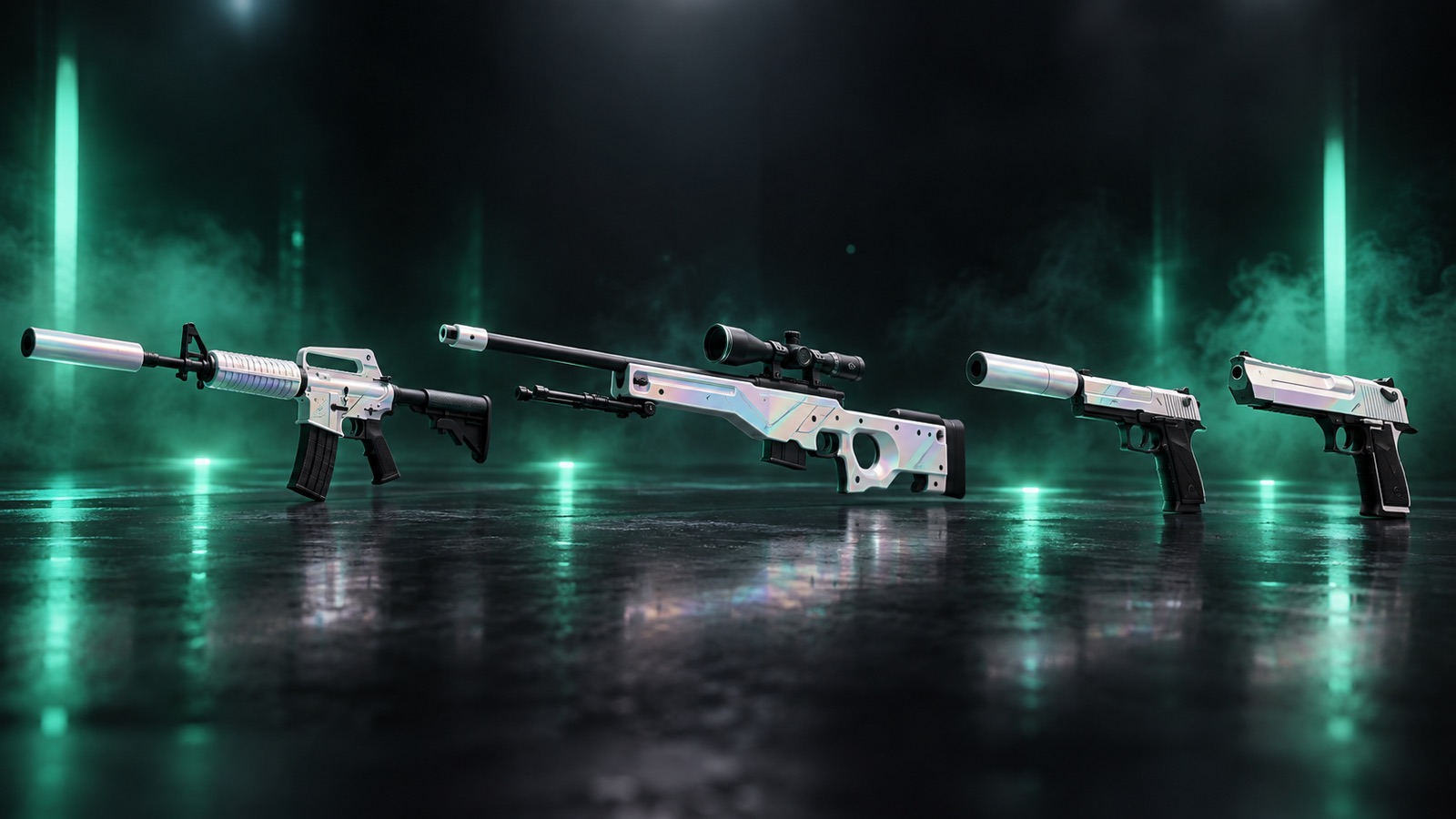 Четыре скина линейки Поток информации: M4A1-S, AWP, USP-S и Desert Eagle в одном ряду