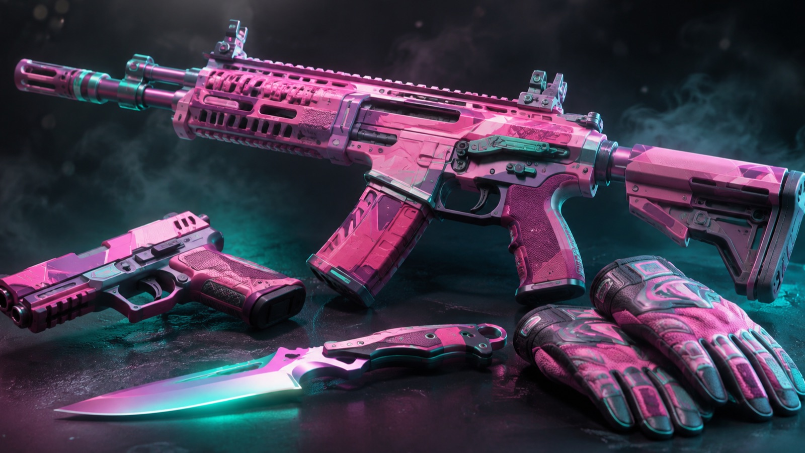 Розовый сет CS2: винтовка AK-47 Neon Rider, пистолет, нож Fade и перчатки Sport Gloves Vice