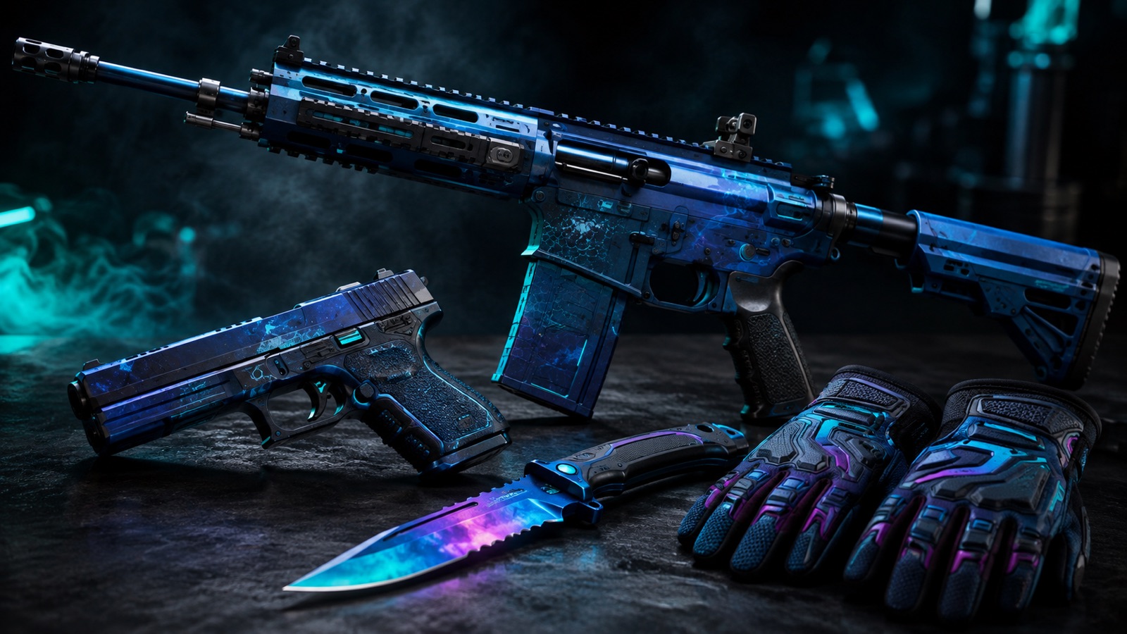 Синий сет CS2: винтовка, пистолет, нож Doppler и перчатки Sport Gloves Vice