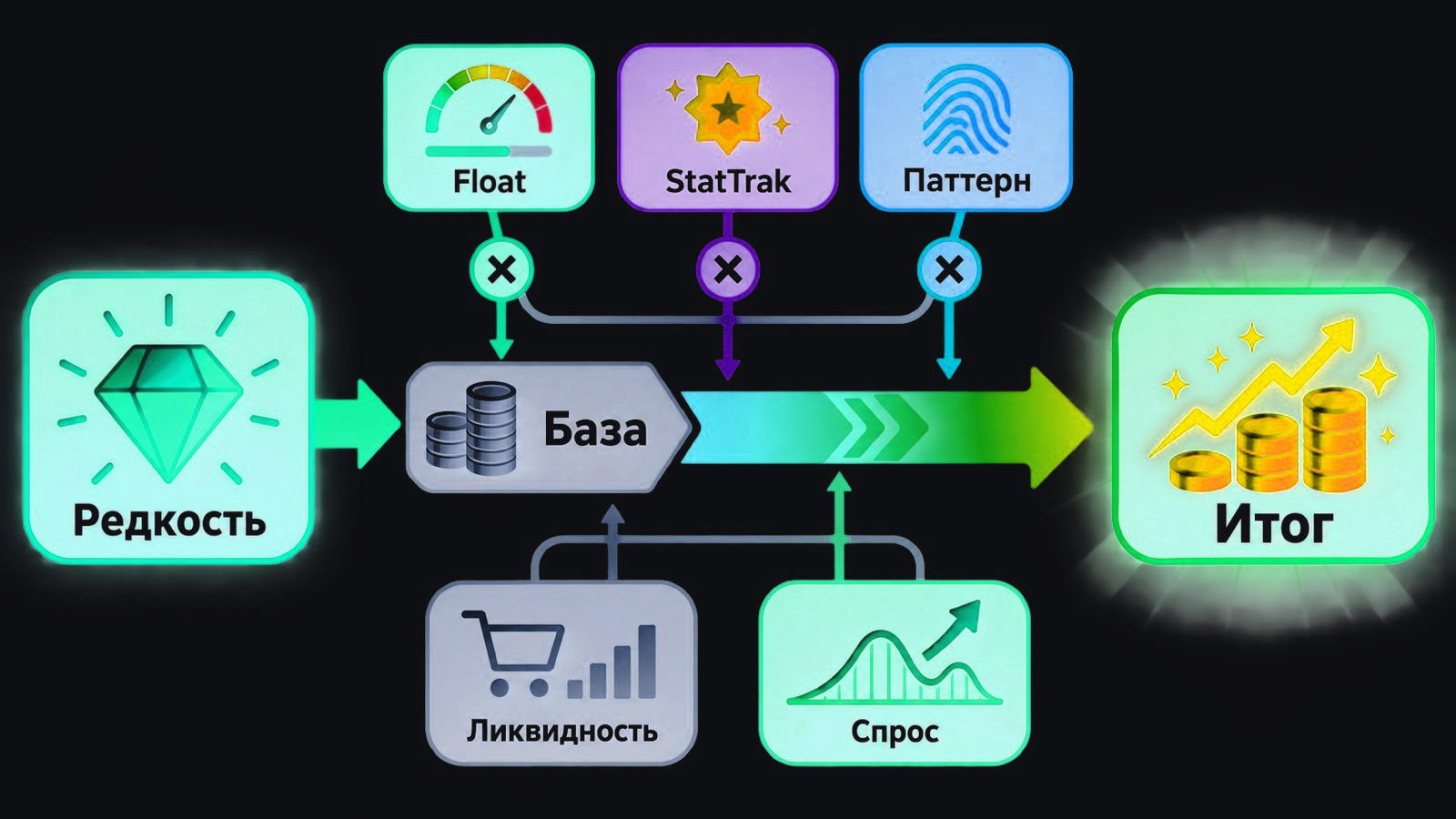 Схема шести факторов цены скина CS2: редкость, float, StatTrak, паттерн, ликвидность и волны спроса