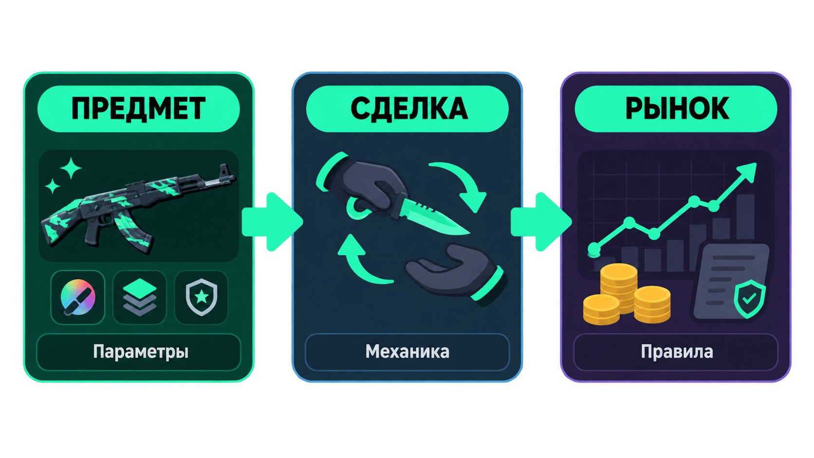 Схема: три уровня терминов рынка CS2 — предмет, сделка, рынок